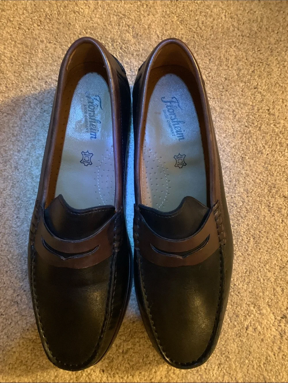 Florsheim Men's Berkley Flex Penny Loafers in black & brown leather. Size 10D